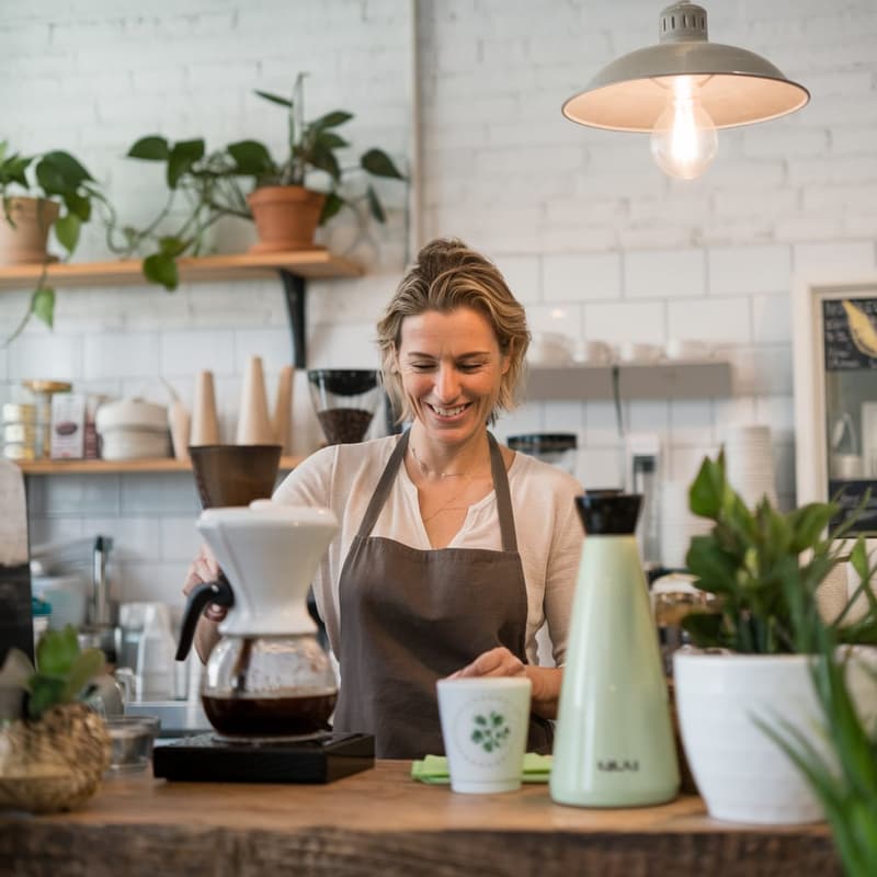 Newcastle hospitality business owner at a cafe counter in the Hunter Region