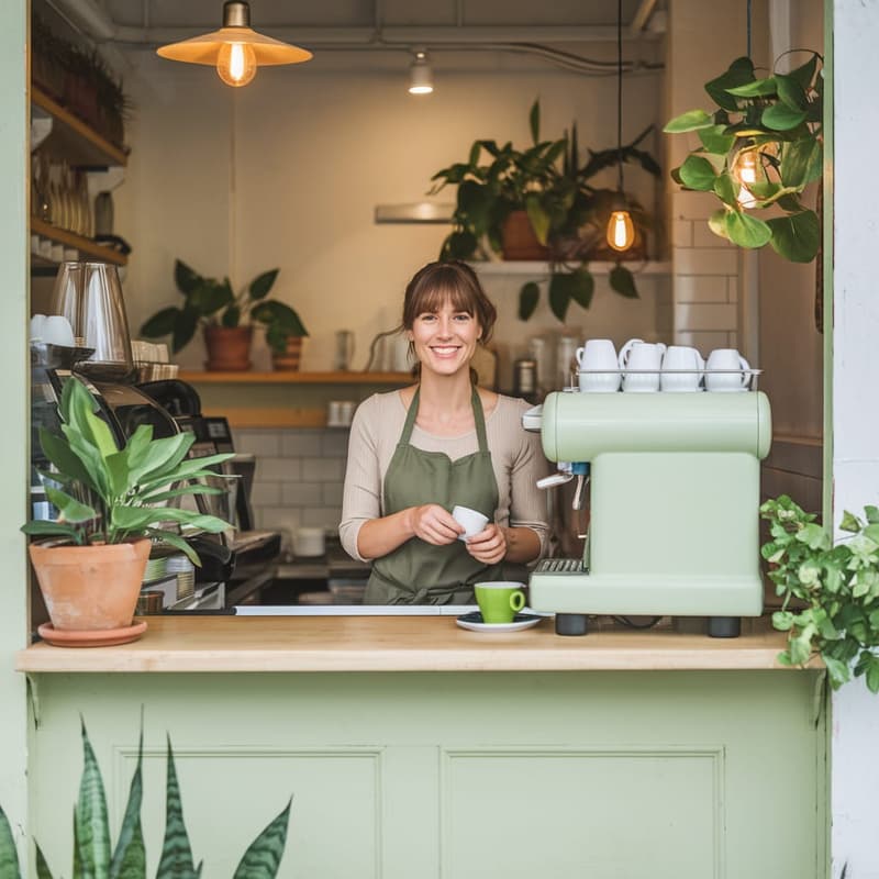 Canberra cafe business owner at a service window with plants and coffee equipment